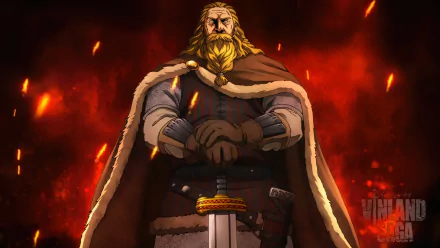 A bold and detailed Vinland Saga HD anime desktop wallpaper featuring a determined Viking warrior standing before a fiery backdrop.