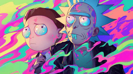 HD desktop wallpaper and background featuring Rick Sanchez and Morty Smith from the TV show Rick and Morty, with vibrant, colorful psychedelic effects surrounding them.