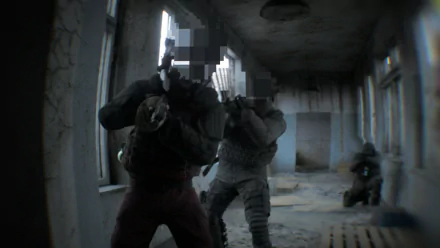 HD desktop wallpaper of a bodycam-style video game scene, featuring tactical soldiers navigating through a dilapidated building with weapons drawn.