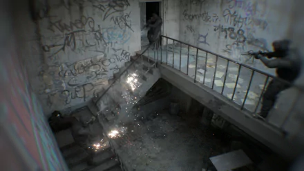 HD desktop wallpaper featuring a bodycam-style image from a video game, showcasing a gritty, graffiti-covered stairwell with armed characters in an intense scene.