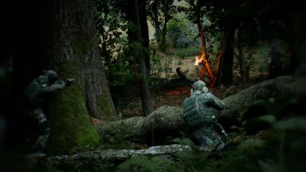 HD desktop wallpaper of a bodycam view in a video game, depicting soldiers in a dense forest setting with a burning torch in the background.