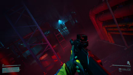 A high-definition desktop wallpaper of the video game Level Zero: Extraction featuring a first-person perspective aiming at an industrial setting with vibrant blue and red lighting.
