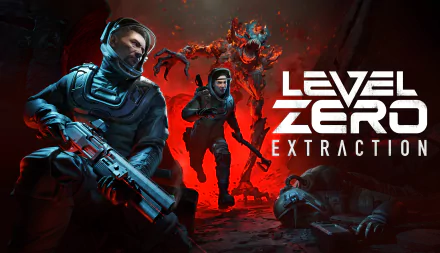 High-definition desktop wallpaper of the video game Level Zero: Extraction, featuring heavily armed soldiers in a tense standoff with a menacing alien creature, all set against a dramatic background.