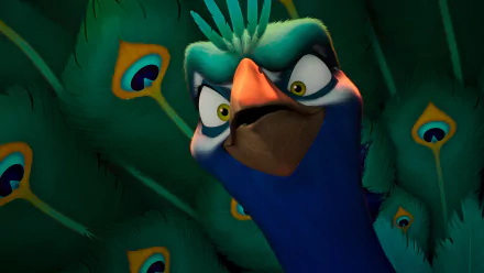 HD desktop wallpaper featuring a colorful, animated bird character from the movie A Stork's Journey 2, set against a backdrop of vibrant green feathers.