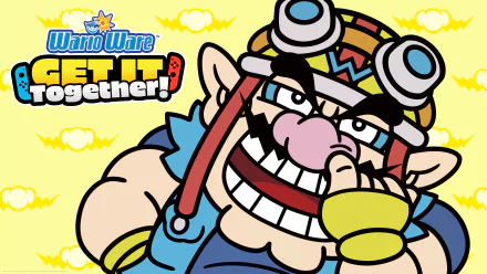 4K Ultra HD PC desktop wallpaper featuring Wario from WarioWare: Get It Together! with a bold yellow background and the game logo.