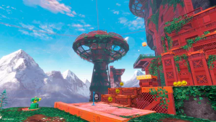 HD PC desktop wallpaper featuring a vibrant Super Mario Odyssey scene with mountainous backdrop, colorful platforms, and iconic game elements under a bright blue sky.