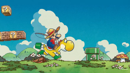 HD PC desktop wallpaper and background of Super Mario riding Yoshi across grassy hills with question blocks, a green pipe and a bright blue sky.