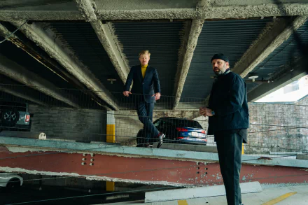 HD desktop wallpaper featuring a scene from the movie Kinds of Kindness. Two people stand in an urban, industrial setting under an overpass, with one leaning on a railing and the other standing nearby.