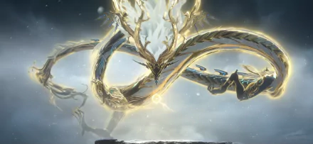 HD desktop wallpaper featuring a majestic dragon from the video game Wuthering Waves, glowing with golden light and set against a misty, ethereal background.