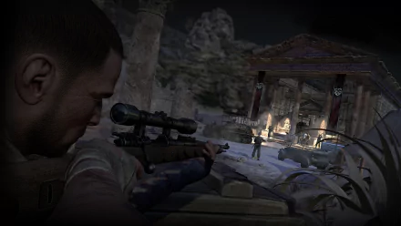 HD desktop wallpaper featuring a scene from Sniper Elite III. The image shows a sniper aiming at targets in a night-time ancient ruins setting, conveying tension and focus from the game.