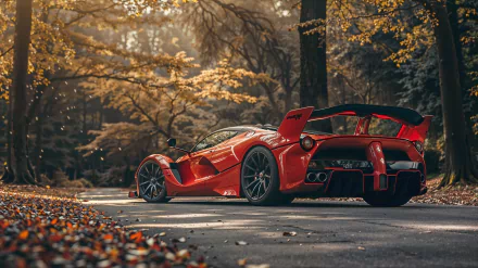 HD PC desktop wallpaper featuring a red Ferrari FXX-K Evo parked on a forest road with autumn foliage surrounding it.