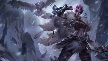 A high-definition wallpaper of Quinn from the video game League of Legends, showcasing her in an action pose with her bird companion. The background features a snowy, mountainous terrain.