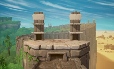 HD desktop wallpaper and background featuring a Rivals 2 video game scene with ancient stone structures, lush greenery, and clear blue skies.