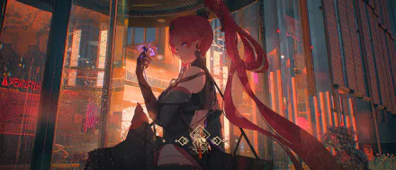 HD PC desktop wallpaper featuring Yinlin from the video game Wuthering Waves, showcasing her striking red hair and magical aura in a futuristic setting.