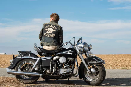A biker from the movie The Bikeriders sits on a classic motorcycle, wearing a vest with Chicago on the back. The HD desktop wallpaper and background image captures an open field under a clear sky.