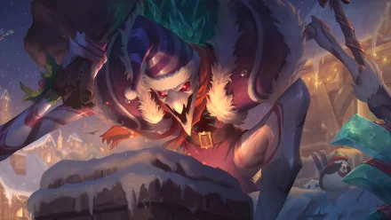 HD desktop wallpaper featuring Fiddlesticks from League of Legends in a winter-themed setting, wearing a festive hat amidst a snowy landscape.