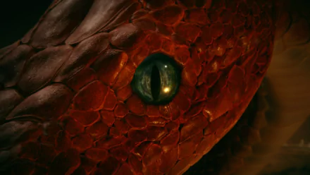 Close-up of a serpent's eye from the game Elden Ring, featuring intricate scales and vivid colors. The image is tagged Elden Ring Shadow of the Erdtree and Messmer the Impaler. HD desktop wallpaper.