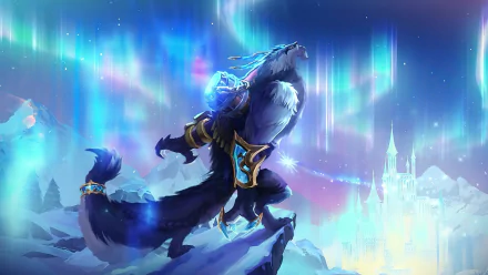 HD wallpaper featuring Warwick from League of Legends in a mystical winter landscape with ethereal lights and a distant castle, creating a captivating background for gaming enthusiasts.