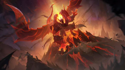 HD desktop wallpaper featuring Galio from League of Legends, depicted as a mighty and fiery guardian with massive wings, set against a dramatic, dark background.