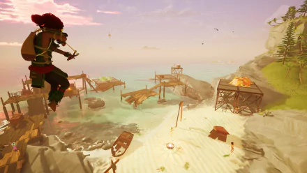 HD wallpaper and background of the video game Tchia, showcasing a vibrant coastal scene with a character using a glider, wooden structures, and a sandy beach under a colorful sky.