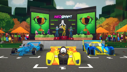 HD desktop wallpaper featuring a video game scene from NeoSprint. Three race cars line up in front of a podium with winners and a lively crowd in the background.