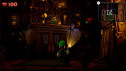HD desktop wallpaper of Luigi's Mansion 2 video game, featuring Luigi exploring a dimly lit, eerie mansion room with a flashlight.