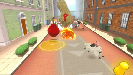 High-definition wallpaper of the video game SPY×ANYA: Operation Memories, featuring a vibrant street scene with dynamic elements, including a character riding a white sheep, a giant peanut, and an explosion.