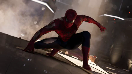 HD PC desktop wallpaper featuring Spider-Man crouched in a dynamic pose on a rooftop with a moody, urban background.