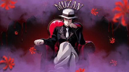 HD PC desktop wallpaper of Muzan Kibutsuji from the anime Demon Slayer: Kimetsu no Yaiba, featuring him seated confidently in a dark, smoky atmosphere with red accents.