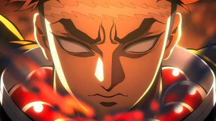 Close-up 4K Ultra HD anime wallpaper of Gyomei Himejima from Demon Slayer: Kimetsu no Yaiba, showcasing intense expression and fiery background.