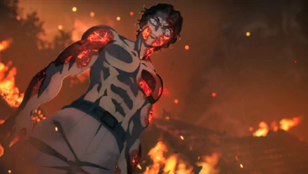 Muzan Kibutsuji from Demon Slayer: Kimetsu no Yaiba — anime HD PC wallpaper of him bloodied and charred, looming amid burning ruins and glowing embers.