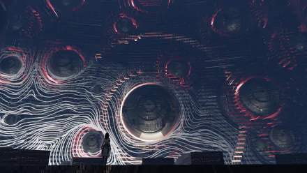 HD desktop wallpaper and background from the video game The First Descendant, featuring a lone character standing before a futuristic, intricate structure with swirling patterns and glowing elements.