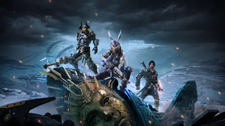 A dramatic HD wallpaper for the video game The First Descendant, featuring three armored characters standing on a giant fallen statue against a dark, stormy backdrop.