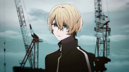 HD anime wallpaper featuring Aquamarine Hoshino from Oshi no Ko standing in front of industrial cranes, with a cloudy sky in the background.