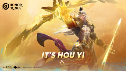 HD desktop wallpaper featuring Hou Yi from the video game Honor of Kings, displaying the character in a heroic pose with a glowing golden background. The text reads, IT'S HOU YI prominently.