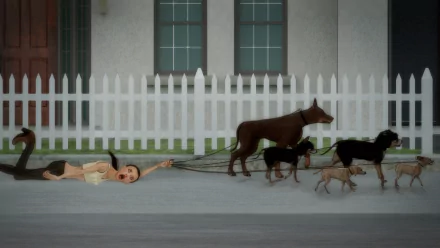 HD desktop wallpaper from the TV show Psi Cops featuring a scene of a person being dragged by a group of dogs in front of a white picket fence.