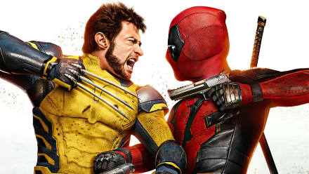 HD PC desktop wallpaper featuring Deadpool (Ryan Reynolds) and Wolverine (Hugh Jackman) in a dynamic face-off, showcasing their iconic costumes and intense expressions.