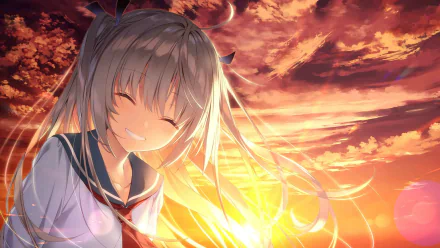 HD wallpaper of ATRI -My Dear Moments- video game featuring a smiling girl with long hair against a sunset sky background.