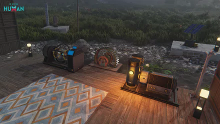 HD desktop wallpaper of the video game Once Human, featuring a detailed setup with various machines on a wooden deck overlooking a grassy field.