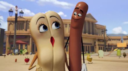 HD desktop wallpaper featuring characters from the TV show Sausage Party: Foodtopia in a lively town setting, with a smiling sausage and a surprised bun in the foreground.