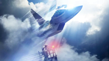 HD desktop wallpaper from Ace Combat 7: Skies Unknown featuring a jet soaring through dramatic clouds with light rays, and a person on a platform below.