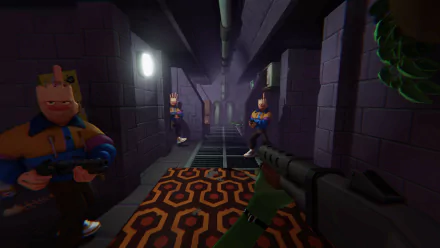 HD desktop wallpaper from the video game Anger Foot, depicting a character in a narrow, dimly lit corridor confronting armed opponents.