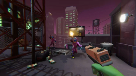 HD desktop wallpaper featuring a scene from the video game Anger Foot, depicting a character with a green sleeve pointing a pistol at two enemies on a rooftop in a vibrant cityscape.