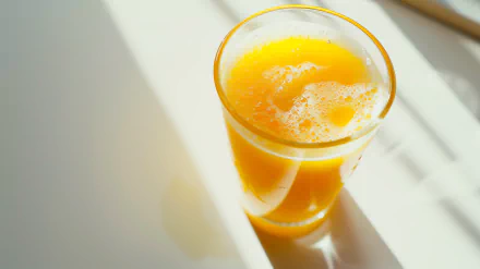 A HD desktop wallpaper featuring a refreshing glass of orange juice with sunlight streaming in the background.