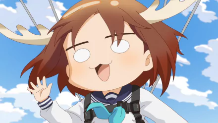 Anime-style HD desktop wallpaper featuring Noko Shikanoko from My Deer Friend Nokotan with antlers, wearing a school uniform against a bright blue sky backdrop.