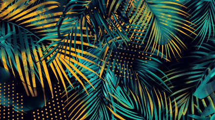 HD desktop wallpaper featuring vibrant palm leaves with green and yellow hues, creating a dynamic and tropical nature-inspired background.