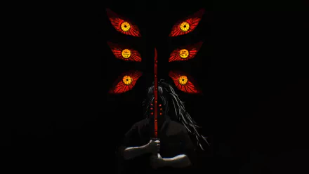 HD desktop wallpaper featuring Kokushibo from Demon Slayer: Kimetsu no Yaiba, with multiple red and yellow eyes and holding a sword in a dark background.