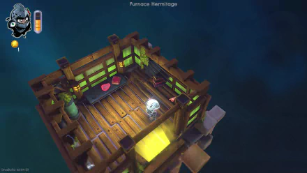 HD desktop wallpaper featuring a scene from the video game DROS. The image shows a small, wooden platform floating in a dark, misty environment with a character standing on it.