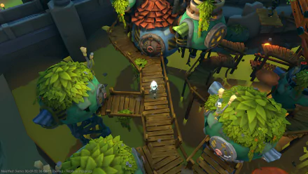 An HD desktop wallpaper featuring a scene from the video game DROS, showcasing a whimsical, treehouse-style village with a character on a wooden bridge amidst vibrant greenery.