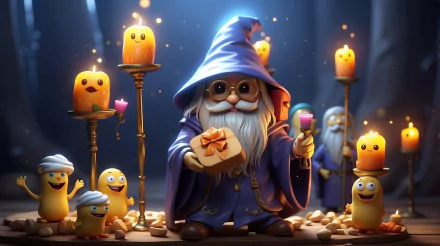 Halloween mage 2K Quad HD PC desktop wallpaper and background: a friendly bearded wizard in a blue hat holds a gift amid glowing smiling candle-ghosts, warm magical candlelight.